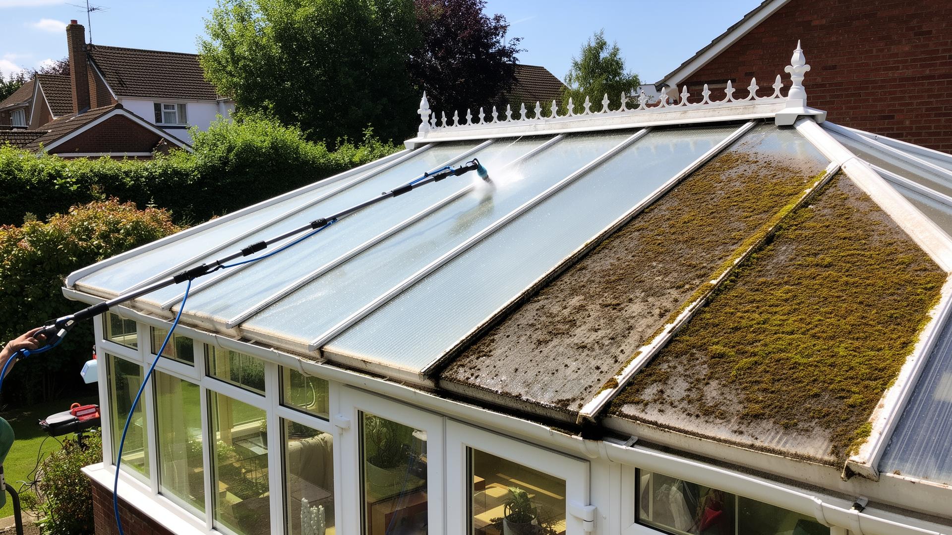 Professional conservatory roof cleaning showing half-clean half-dirty roof with water-fed pole system