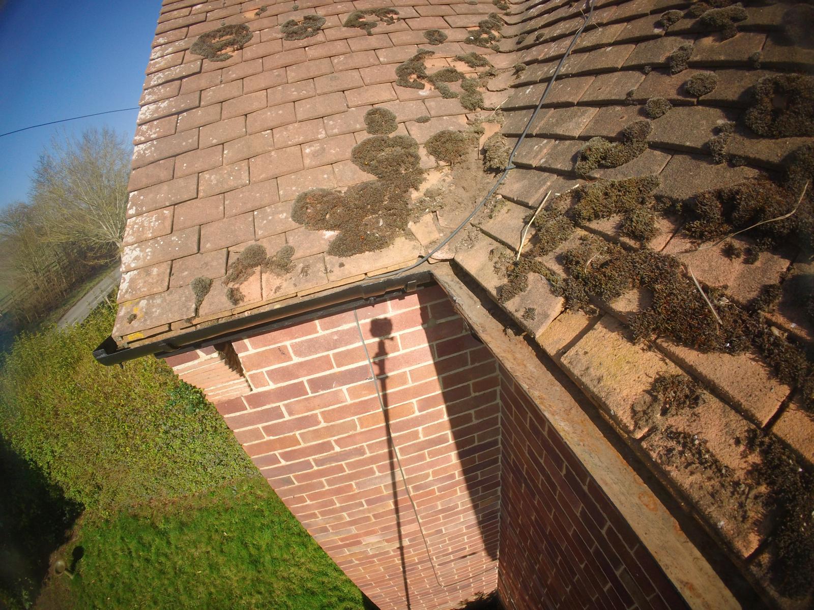 Roof corner showing heavy moss growth on tiles and debris in guttering